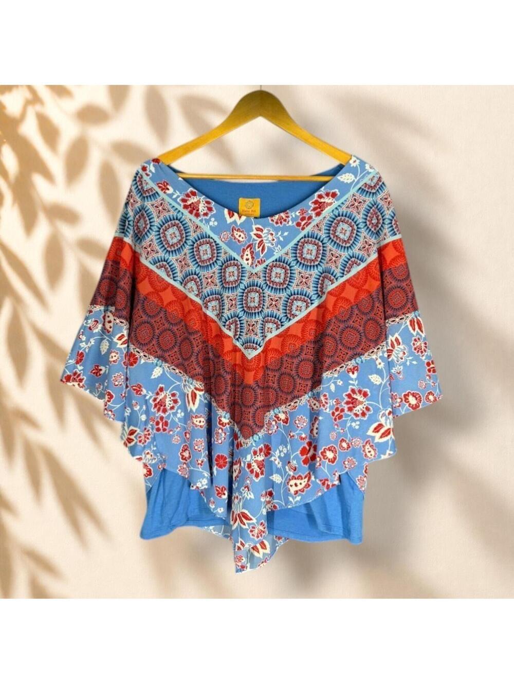 Ruby Rd. Blouse Women 1X Plus Blue Floral 3/4 Sleeve Round Neck Lined Casual